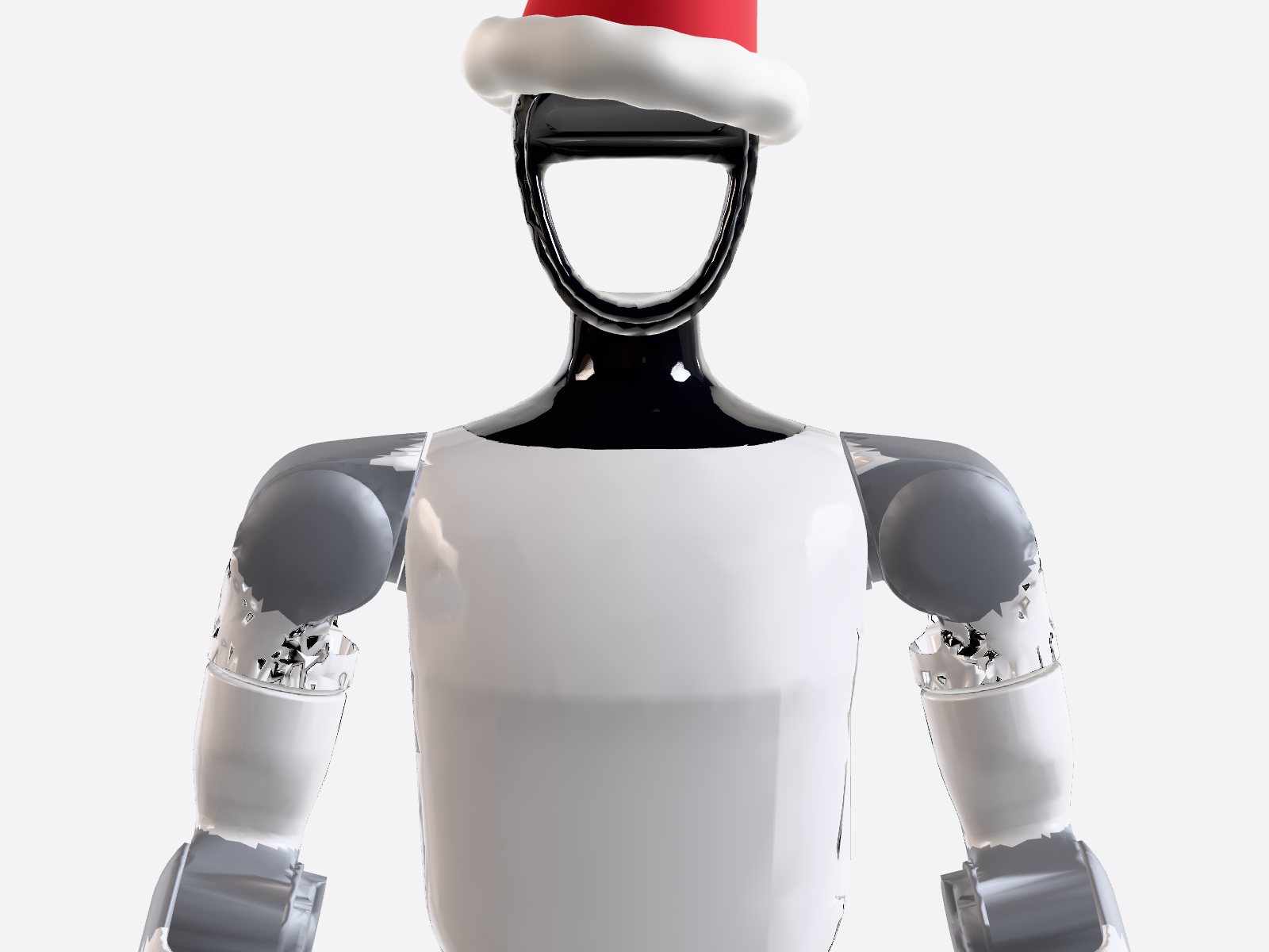 The chest of a humanoid robot in a Santa hat, with space for a company logo