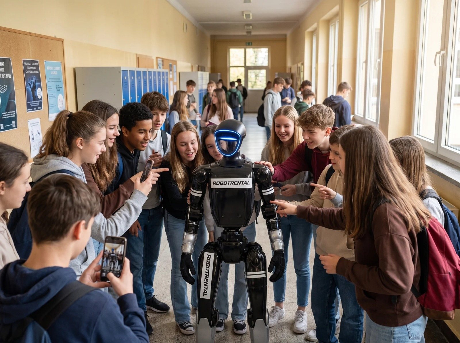 Alumnos en un pasillo escolar rodean a un robot humanoide con el logotipo de RobotRental y lo fotografían con el móvil