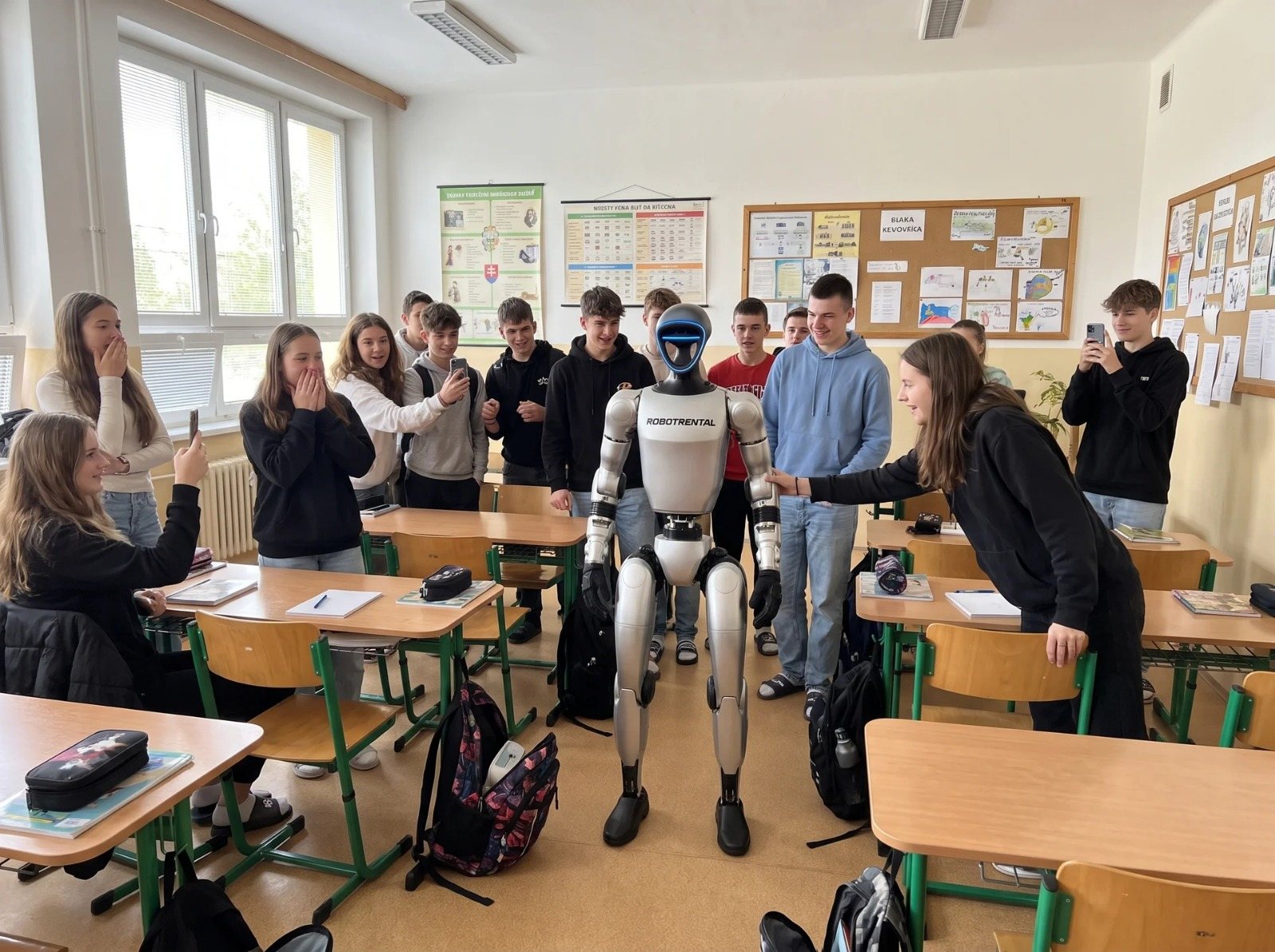 Un robot humanoide en un aula entre los pupitres, alumnos de secundaria se ríen y lo graban