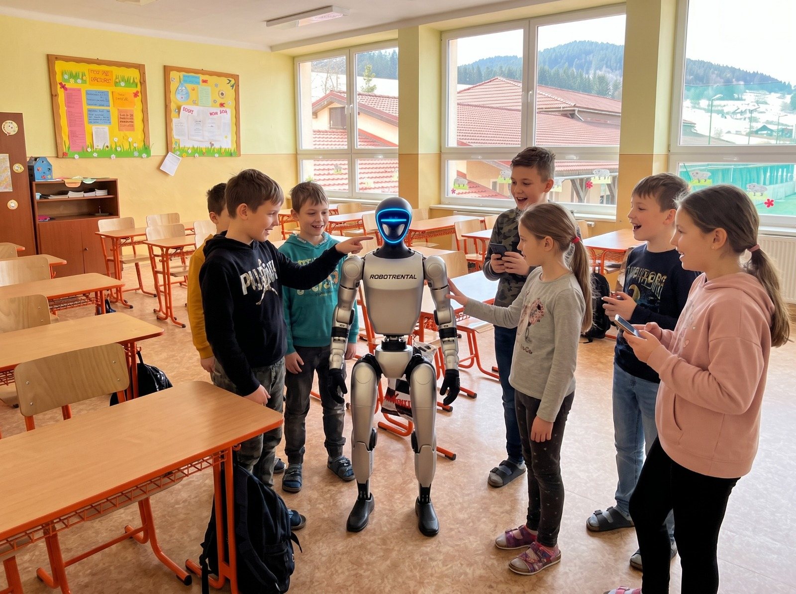 Niños de primaria en un aula señalan a un robot humanoide y lo tocan