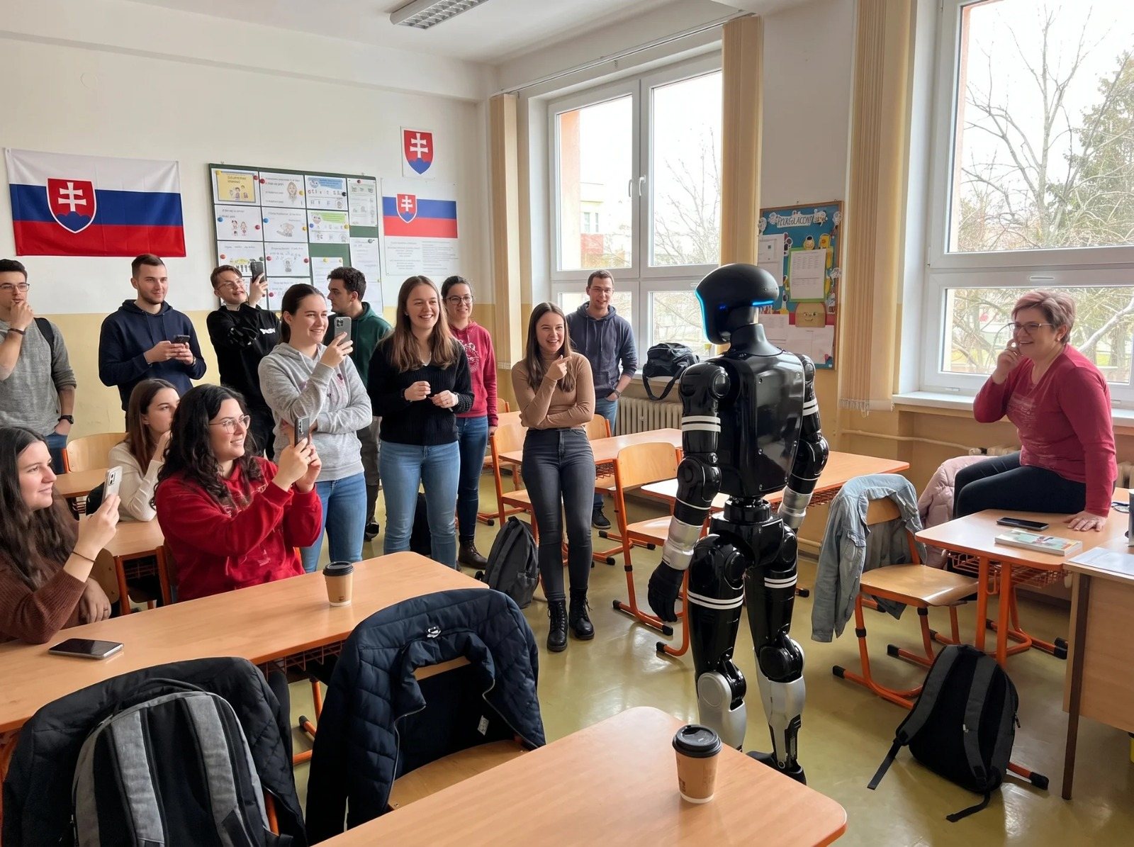 Estudiantes en un aula con una bandera eslovaca graban a un robot humanoide caminando