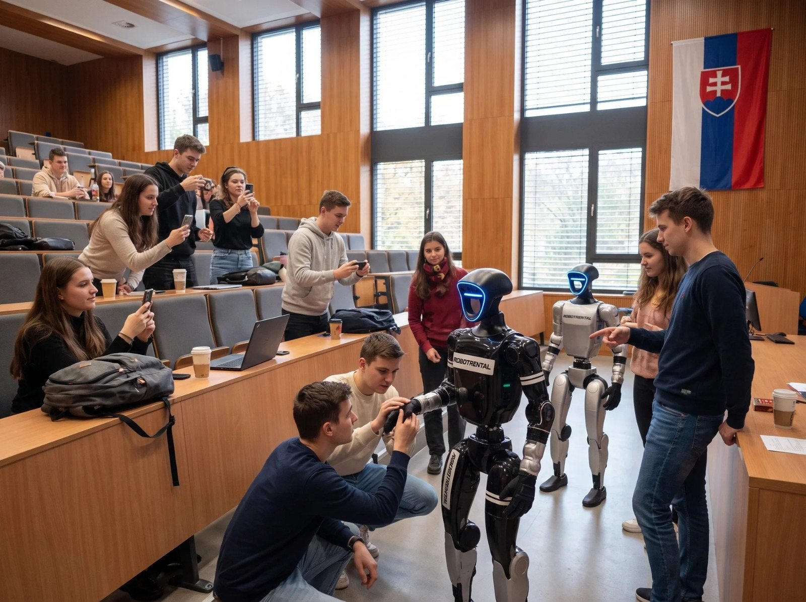 Dos robots humanoides en un aula magna, un estudiante le da la mano a uno de ellos