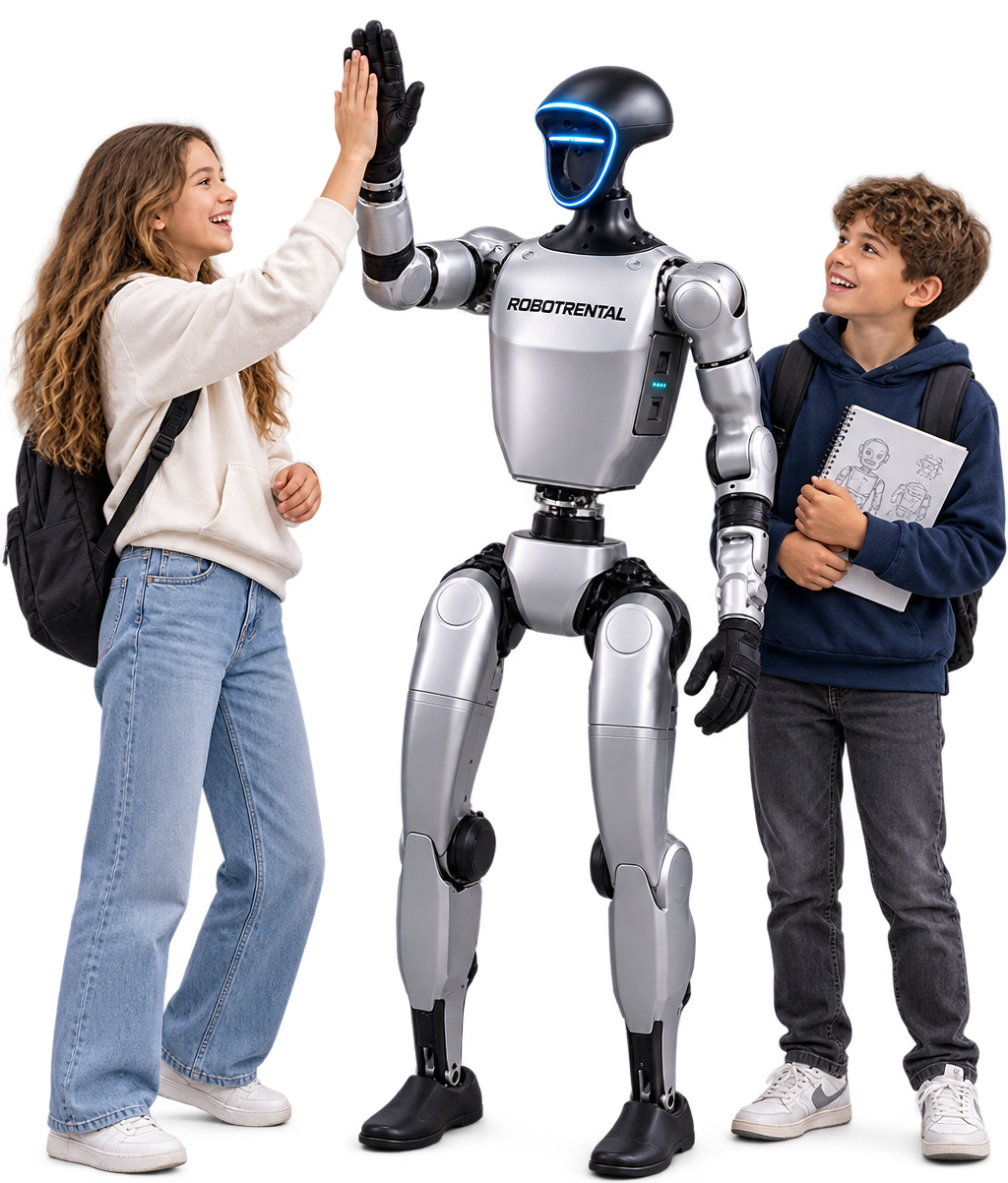 Ilustración: un robot humanoide con el logotipo de RobotRental choca la mano con una alumna, junto a un alumno con un cuaderno de dibujo
