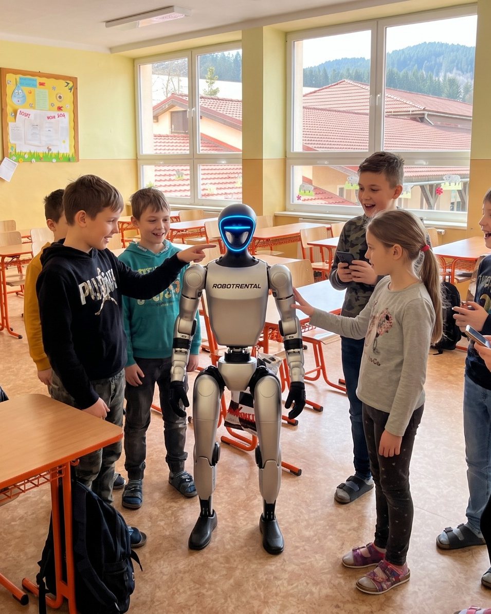 Děti z prvního stupně ve třídě obklopují humanoidního robota s logem RobotRental, jeden chlapec na něj ukazuje
