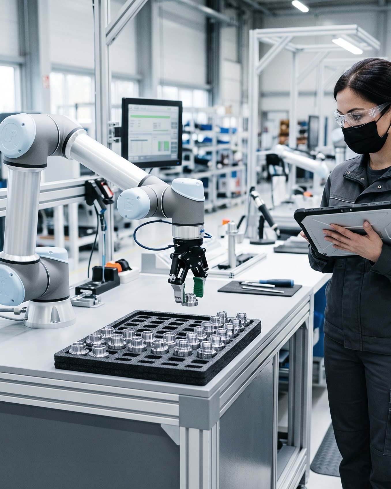 Kollaborativer Roboter und Bediener mit Tablet an einem Arbeitsplatz während eines Piloteinsatzes